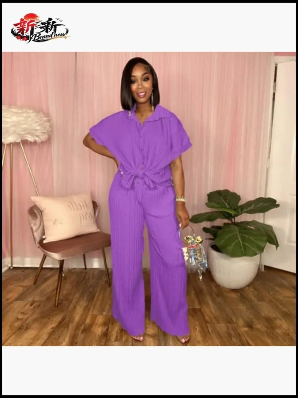Polyester Spandex Two Piece Set Button Down Shirt Wide Leg Pants